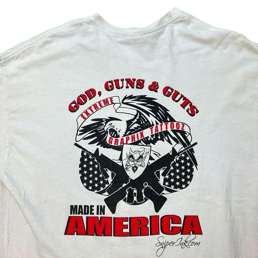 Gildan Graphic T Shirt Mens XL White God Guns Guts Biker Tattoo America Tee‎